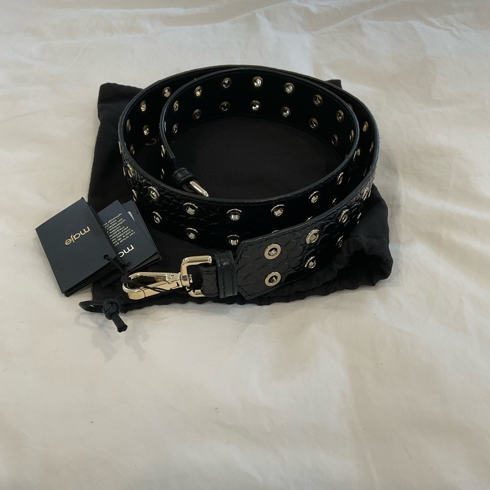Studded Black Leather Bag Strap with Gold Hardware by Maje